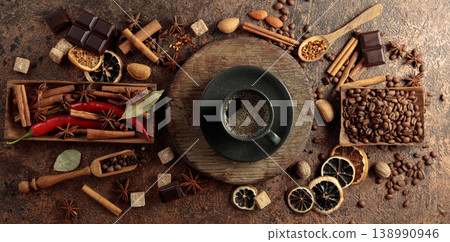 Various spices and seasonings for making aromatic coffee-based drinks. Various spices and seasonings for making aromatic coffee-based drinks. 138990946