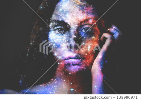Woman, portrait and double exposure with galaxy, space and fantasy for art, cosmos or shine by black background. Girl, stars and color with universe, nebula or milky way for night sky overlay on face Woman, portrait and double exposure with galaxy, space and fantasy for art, cosmos or shine by black background. Girl, stars and color with universe, nebula or milky way for night sky overlay on face 138990971