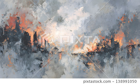 Abstract painting city fire smoke ruin skyline ash, dramatic urban destruction with orange flame, gray haze, textured brushstroke, apocalyptic atmosphere, digital art background Abstract painting city fire smoke ruin skyline ash, dramatic urban destruction with orange flame, gray haze, textured brushstroke, apocalyptic atmosphere, digital art background 138991050