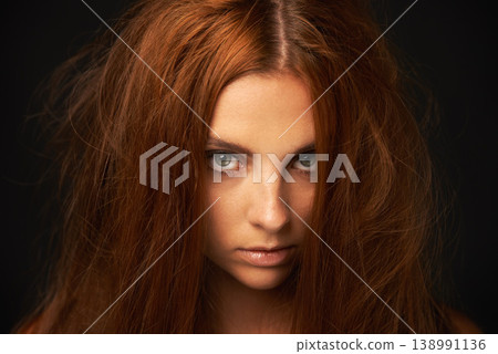 Depression, portrait or woman in studio with messy hair, trauma stress or bad results alone. Black background, psychology or face of a lonely female person with anger, burnout or moody attitude Depression, portrait or woman in studio with messy hair, trauma stress or bad results alone. Black background, psychology or face of a lonely female person with anger, burnout or moody attitude 138991136