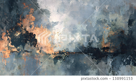 Abstract texture blue gray orange painting background grunge, atmospheric layered brushwork with smoky light and horizon line, modern wall art backdrop for design, calm energy 138991153