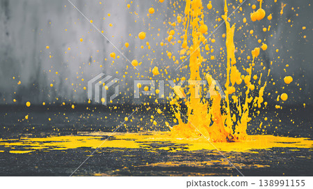 Yellow paint splash splatter droplet spray spill puddle concrete floor, bright liquid burst with flying drop, messy abstract background for energy, creativity, accident concept 138991155