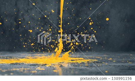 Yellow paint splash droplet motion abstract liquid studio over gray background, dramatic splatter with scattered pigment and reflection, clean texture for graphic design and copy space 138991156