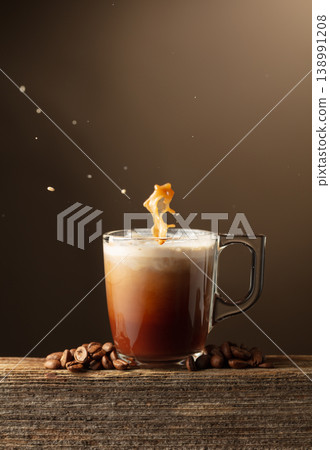 Coffee and chocolate drink with cream on a brown background. Coffee and chocolate drink with cream on a brown background. 138991208