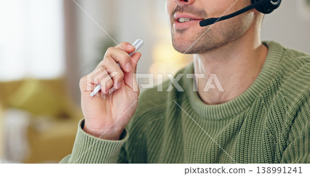 Closeup, person and mouth with headset for telemarketing, communication or customer care for remote work. Man, male call centre or agent with pen in hand for writing, report or document by consulting Closeup, person and mouth with headset for telemarketing, communication or customer care for remote work. Man, male call centre or agent with pen in hand for writing, report or document by consulting 138991241