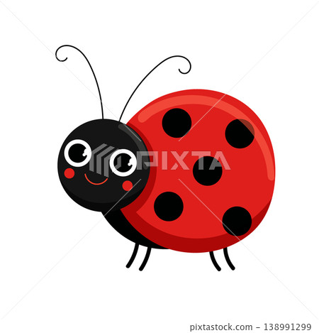 Cute cartoon ladybug with red spotted wings, adorable insect illustration, childish design, flat vector isolated on white background. 138991299