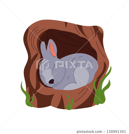 Cute sleeping rabbit in a tree hollow, adorable cartoon forest animal character, woodland fauna illustration, childish design, flat vector isolated on white background. Cute sleeping rabbit in a tree hollow, adorable cartoon forest animal character, woodland fauna illustration, childish design, flat vector isolated on white background. 138991301