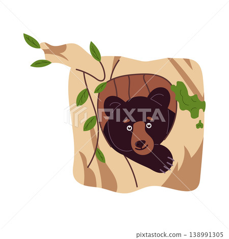 Cute little bear in a tree hollow, adorable cartoon forest animal character, woodland fauna illustration, children's design, flat vector isolated on white background. Cute little bear in a tree hollow, adorable cartoon forest animal character, woodland fauna illustration, children's design, flat vector isolated on white background. 138991305