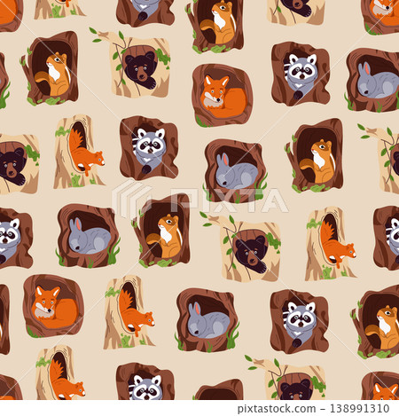 Seamless pattern woodland animals with tree hollows, cute chipmunk rabbit squirrel fox bear raccoon cartoon flat vector background, forest wildlife repeat design Seamless pattern woodland animals with tree hollows, cute chipmunk rabbit squirrel fox bear raccoon cartoon flat vector background, forest wildlife repeat design 138991310