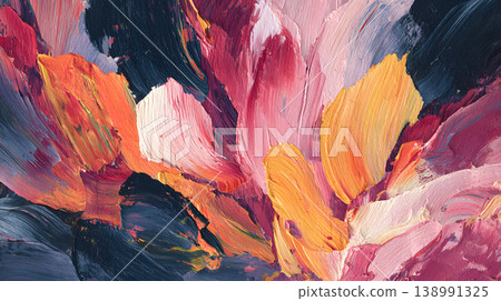 Abstract painting texture brushstroke acrylic colorful impasto background vivid pink orange yellow purple paint layer form dynamic artistic backdrop for modern design wallpaper poster print 138991325