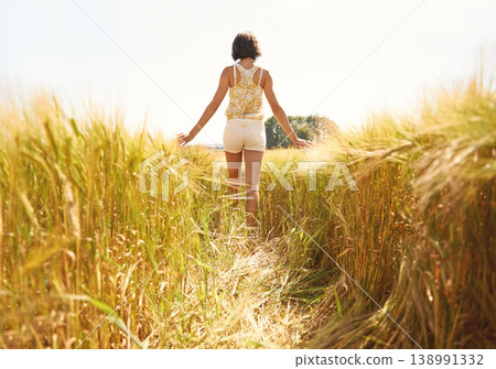 Back view, walking or woman in a field for freedom in the countryside in spring to relax on break. Nature, wellness or female person in garden or farm for fresh air on holiday vacation or travel Back view, walking or woman in a field for freedom in the countryside in spring to relax on break. Nature, wellness or female person in garden or farm for fresh air on holiday vacation or travel 138991332