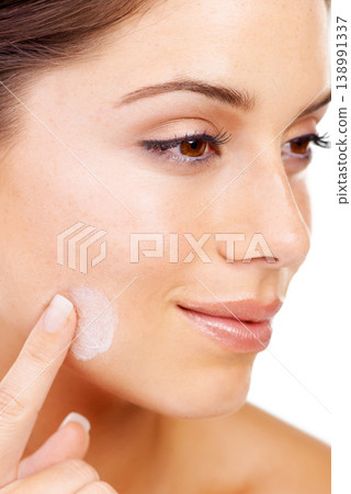 Cream, cosmetics and woman with beauty, skincare and dermatology isolated on a white studio background. Happy, face and person with healthy skin, treatment and grooming with creme, clear and wellness 138991337
