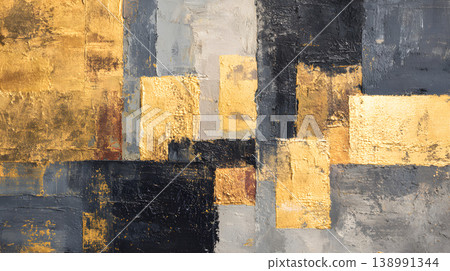 Abstract painting gold texture geometric block gray black modern background with metallic brushstroke on canvas, layered rectangle pattern, neutral wall decor for contemporary interior, calm mood 138991344