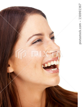 Face, funny and a woman laughing in studio isolated on a white background for comedy or humor. Beauty, skincare and smile with a happy young model enjoying a meme or joke closeup for cosmetics Face, funny and a woman laughing in studio isolated on a white background for comedy or humor. Beauty, skincare and smile with a happy young model enjoying a meme or joke closeup for cosmetics 138991367