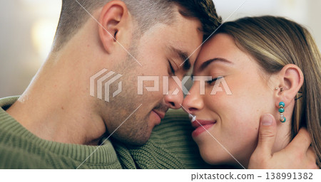 Home, relax and couple with happiness, love and care with marriage, relationship and bonding together. Cheerful people, romantic and man with woman, hug and kiss with support, peace or commitment Home, relax and couple with happiness, love and care with marriage, relationship and bonding together. Cheerful people, romantic and man with woman, hug and kiss with support, peace or commitment 138991382