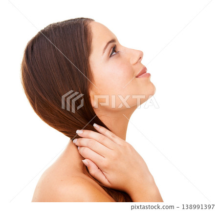 Woman, thinking and happy in studio for hair care, cosmetics and hand with keratin treatment for shine. Person, face and confidence with shampoo, hairstyle and collagen glow for growth and texture Woman, thinking and happy in studio for hair care, cosmetics and hand with keratin treatment for shine. Person, face and confidence with shampoo, hairstyle and collagen glow for growth and texture 138991397