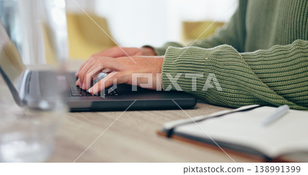 Hands, laptop and remote work with a business person typing on a keyboard closeup in a home office. Computer, desk and email communication with an employee in an apartment for online networking Hands, laptop and remote work with a business person typing on a keyboard closeup in a home office. Computer, desk and email communication with an employee in an apartment for online networking 138991399