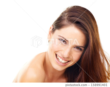 Skincare, woman and smile in studio with beauty, cosmetic and facial wellness for shine on white background. Person, face and happiness for glow treatment, healthy aesthetic or dermatology on mock up Skincare, woman and smile in studio with beauty, cosmetic and facial wellness for shine on white background. Person, face and happiness for glow treatment, healthy aesthetic or dermatology on mock up 138991401