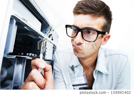 Computer tower, wires and man repair studio hardware, electronics or check machine crisis, fail or disaster. System maintenance, service industry or IT specialist problem solving on white background Computer tower, wires and man repair studio hardware, electronics or check machine crisis, fail or disaster. System maintenance, service industry or IT specialist problem solving on white background 138991402