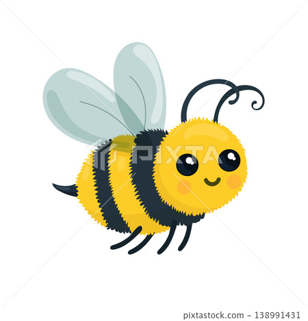 Cute cartoon bumblebee character with fluffy body and wings, adorable bee illustration, childish design, flat vector isolated on white background. 138991431