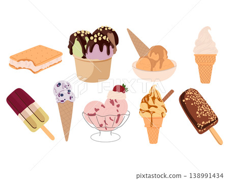 Set of ice cream desserts. Cones, popsicles, sundaes, and sandwiches. Sweet frozen treats set. Summer food illustration. Flat vector illustration isolated on white background. 138991434