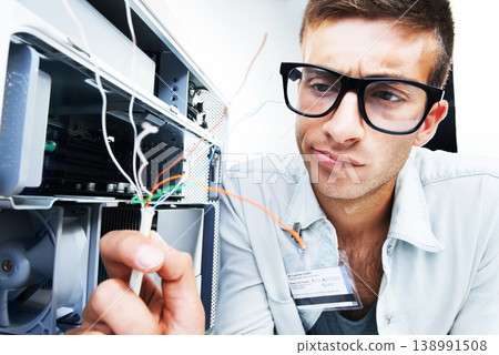 Computer tower, wire problem and man fixing studio hardware, PC equipment or check internal electricity power damage. Maintenance repair, technician inspection and IT specialist on white background 138991508