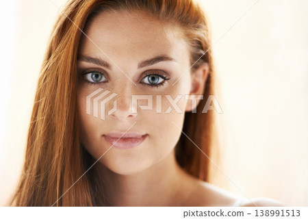 Hair care, portrait or model with natural beauty, skincare or results for glow, shine or collagen in studio. White background, face or woman with cosmetics for treatment, healthy texture or growth Hair care, portrait or model with natural beauty, skincare or results for glow, shine or collagen in studio. White background, face or woman with cosmetics for treatment, healthy texture or growth 138991513