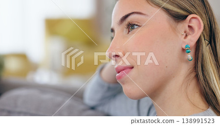 Woman, smile and relax on sofa, thinking and idea for future, positive mindset and happy in closeup. Female person, home and living room of wellness, freedom and peace for calm and confident or joy. 138991523