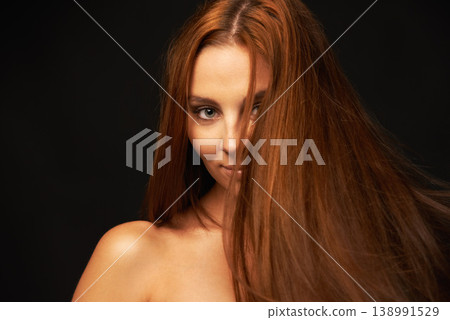 Long hair, portrait or woman with beauty, skincare or results for glow, shine or collagen in studio. Black background, space or happy model with cosmetics for a treatment, healthy texture or growth Long hair, portrait or woman with beauty, skincare or results for glow, shine or collagen in studio. Black background, space or happy model with cosmetics for a treatment, healthy texture or growth 138991529