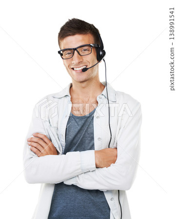 Portrait, call center and business man with arms crossed isolated on a white background. Face, happy sales agent and confident telemarketing consultant in headphones, crm or customer service in Spain Portrait, call center and business man with arms crossed isolated on a white background. Face, happy sales agent and confident telemarketing consultant in headphones, crm or customer service in Spain 138991541