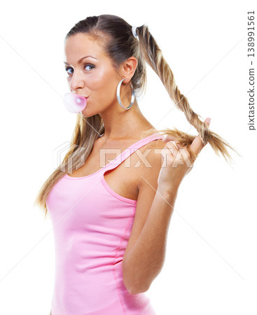 Bubbles, woman and chewing gum in portrait of model, flirting face in fashion by white background. California, person and bubblegum in youth style or clothes, make up and cosmetic in mock up space Bubbles, woman and chewing gum in portrait of model, flirting face in fashion by white background. California, person and bubblegum in youth style or clothes, make up and cosmetic in mock up space 138991561