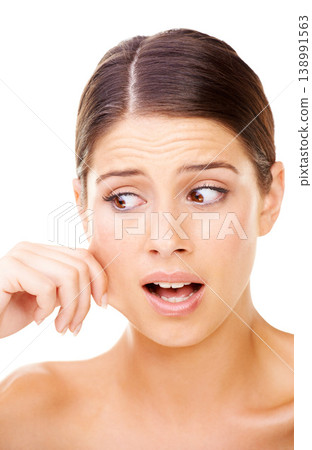 Skincare, woman and pulling cheek in studio for wrinkles, stress or inspection on white background. Aging, anxiety or model face with skin stretch crisis, acne or dermatology, problem and allergy Skincare, woman and pulling cheek in studio for wrinkles, stress or inspection on white background. Aging, anxiety or model face with skin stretch crisis, acne or dermatology, problem and allergy 138991563
