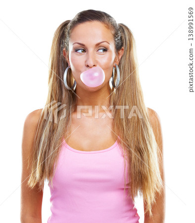 Model, blow and bubbles with chewing gum in studio, thinking and decision with contemplation by white background. Young woman, california and idea with bubblegum in trendy fashion and mock up space 138991569