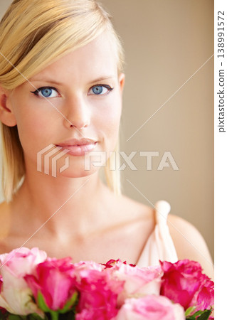 Woman, bouquet and pink roses in portrait, present and natural plants with beauty on birthday. Girl, flowers and makeup with gift, prize or valentines day celebration at event with reward giveaway Woman, bouquet and pink roses in portrait, present and natural plants with beauty on birthday. Girl, flowers and makeup with gift, prize or valentines day celebration at event with reward giveaway 138991572