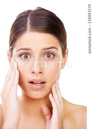 Skincare, stress and portrait of woman in studio with wow reaction to dermatology problem on white background. Omg, beauty and face of lady model shocked by allergic reaction, damage or acne breakout Skincare, stress and portrait of woman in studio with wow reaction to dermatology problem on white background. Omg, beauty and face of lady model shocked by allergic reaction, damage or acne breakout 138991574
