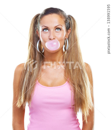 Woman, chewing gum or blow bubbles for thinking in studio, cosmetic with wellness or idea by white background. Young model, decision and bubblegum for solution or inspiration, smile and mock up space 138991595