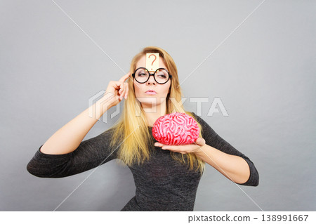 Weird woman holding brain having idea Weird woman holding brain having idea 138991667