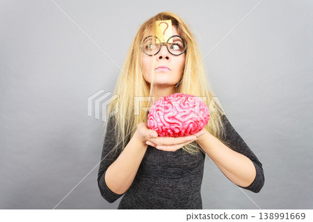 Weird woman holding brain having idea Weird woman holding brain having idea 138991669