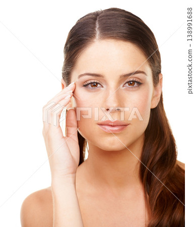 Portrait, beauty and wellness with a woman in studio isolated on a white background for natural skincare. Face, hand and facial aesthetic cosmetics with a confident young model looking perfect 138991688