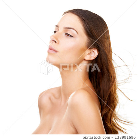 Hair care, woman and topless or beauty in studio with cosmetics, collagen and healthy texture. Person, face or confidence for shampoo glow, shine or results on white background with growth treatment 138991696
