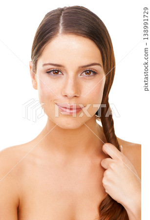 Woman, portrait and happy in studio for hair care, cosmetics and hand with keratin treatment for shine. Person, face and confidence with shampoo, hairstyle and collagen glow on white background 138991729