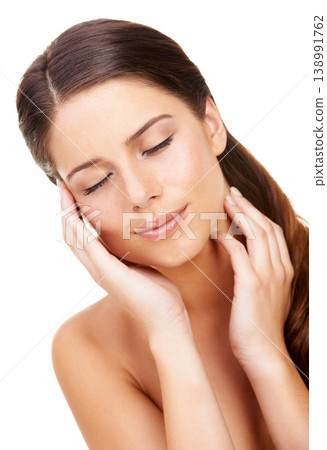 Woman, beauty and eyes closed with hands, face and model for skin, cosmetics and studio background. Fresh, headshot and dermatology for sleep, wellness and clean for facial, isolated and treatment 138991762