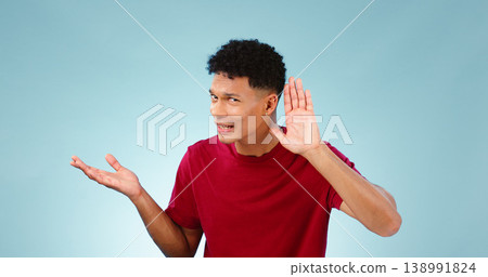 Gossip, news of portrait of man listening in studio or blue background with information or questions. Hearing, story or confused person with hand for announcement, rumor or whisper in mockup space Gossip, news of portrait of man listening in studio or blue background with information or questions. Hearing, story or confused person with hand for announcement, rumor or whisper in mockup space 138991824