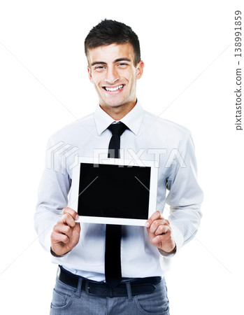 Portrait, man and holding of tablet screen in studio on white background for social media mockup. Businessman, startup or happy for announcement, deal or offer on app, website or homepage by internet 138991859