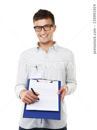 Happy, man and portrait with checklist to sign for logistics, document or technical support paperwork. Technician, face and smile with clipboard, pen or signature for service in white background Happy, man and portrait with checklist to sign for logistics, document or technical support paperwork. Technician, face and smile with clipboard, pen or signature for service in white background 138991924