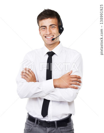 Call center, man and portrait with arms crossed for customer service, CRM questions or IT support in studio on white background. Happy telemarketing salesman, consultant or microphone for telecom FAQ Call center, man and portrait with arms crossed for customer service, CRM questions or IT support in studio on white background. Happy telemarketing salesman, consultant or microphone for telecom FAQ 138991925