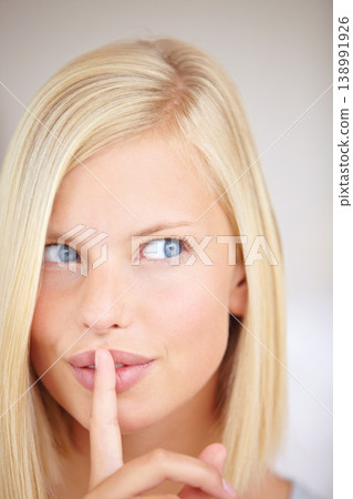 Woman, top secret idea and finger on lips for sign, choice or deal with thinking for drama by background. Girl, hand and mouth for icon, whisper and gossip for decision, news or privacy in closeup 138991926