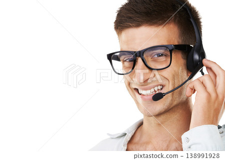 Man, smile and headset for telecommunication in studio for call centre mockup on white background in portrait. Male agent, glasses and happy for career, occupation or profession in customer service Man, smile and headset for telecommunication in studio for call centre mockup on white background in portrait. Male agent, glasses and happy for career, occupation or profession in customer service 138991928