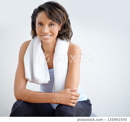 Yoga, studio portrait and happy woman relax after exercise routine, pilates workout or fitness performance wellness. Happiness, gym training and sports athlete smile for challenge on white background Yoga, studio portrait and happy woman relax after exercise routine, pilates workout or fitness performance wellness. Happiness, gym training and sports athlete smile for challenge on white background 138991930