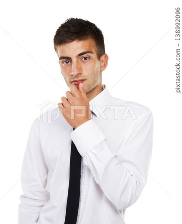 Businessman, thinking and portrait with ideas in studio, white background or mockup space. Business, inspiration and man with a dream, mindset or startup solution for question and problem solving Businessman, thinking and portrait with ideas in studio, white background or mockup space. Business, inspiration and man with a dream, mindset or startup solution for question and problem solving 138992096